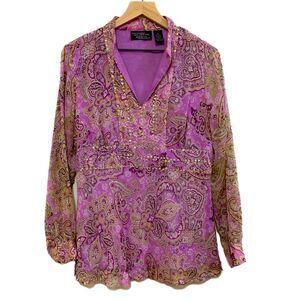 NEW YORK CITY DESIGN CO 100% Silk Blouse Sequins Empire Waist Boho Pink Purple M